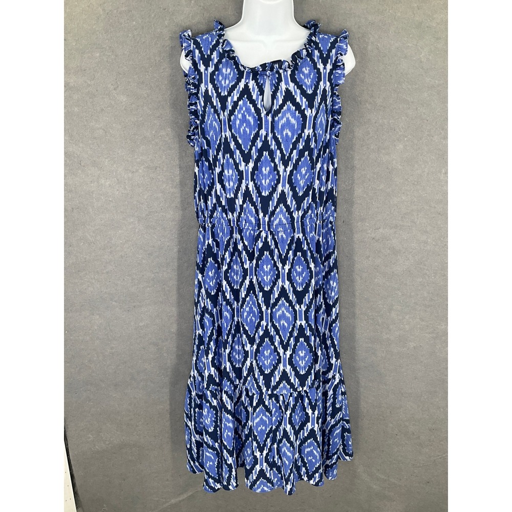 Talbots Women's Blue Ikat Print Ruffle Sleeveless Midi Dress‎ Size 12 Feminine